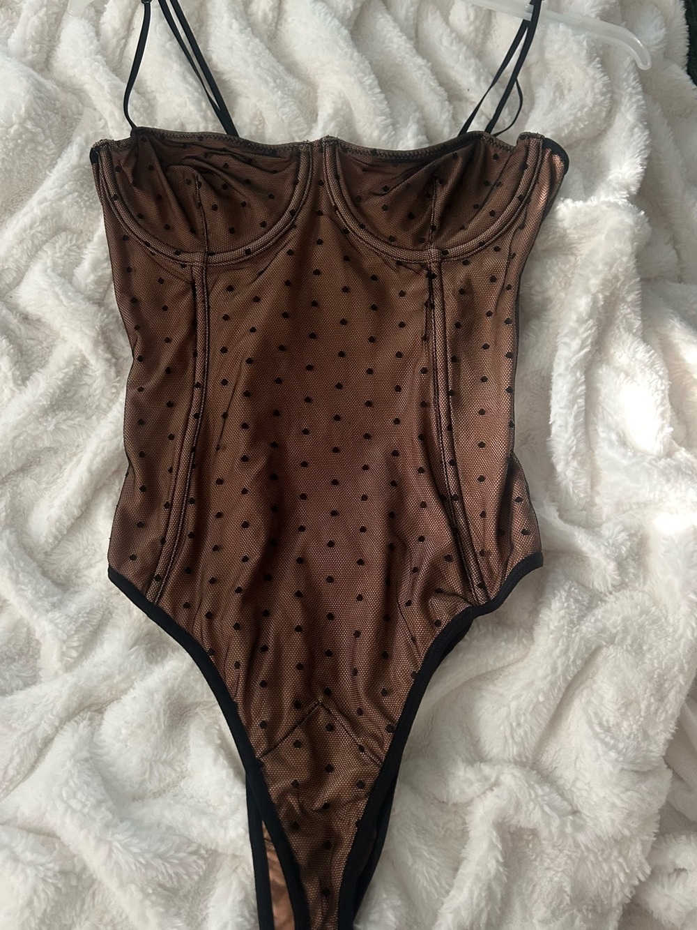 White Fox Boutique Brown & Black Polka Dot Mesh Bodysuit